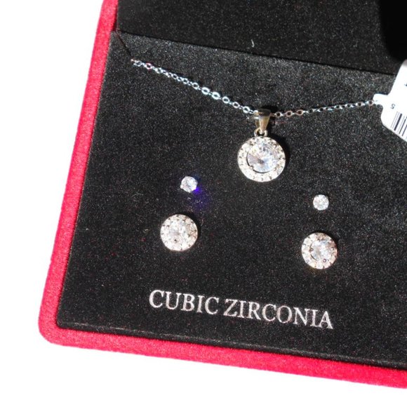 Jewelry - Sterling Silver CZ Necklace & 2 pair Earrings Box Gift Set